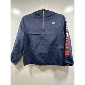 Tommy Hilfiger Rain Jacket Pull Over Boy Medium 10/12 Long Sleeve Hood Navy Blue